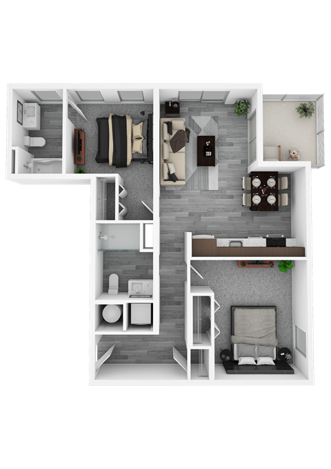 Floor plan for 1 bed, 2 baths, 860 sqft